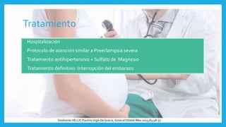 Tratamiento
• Hospitalización
• Protocolo de atención similar a Preeclampsia severa
• Tratamiento antihipertensivo + Sulfato de Magnesio
• Tratamiento definitivo: Interrupción del embarazo
Síndrome HELLP, PaulinoVigil-DeGracia, Ginecol Obstet Mex 2015;83:48-57
 