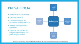 PREVALENCIA
Eclampsia
1.6-10 por
10,000
partos
Enfermedad
hipertensiva
10%
50-151 por
10,000
partos
Eclampsia
0.8%
• Acceso a servicios de salud
• Atención prenatal
• Adecuado manejo de
protocolos en embarazadas
• Terapia antihipertensiva
preventiva
• Profilaxis con sulfato de
magnesio en mujeres con
preeclampsia severa
Eclampsia in the 21st century, Michal Fishel Bartal, MD; Baha M. Sibai, MD,American Journal of Obstetrics & Gynecology MONTH 2020
 