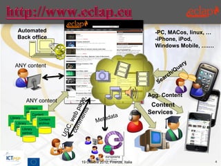 Automated                                                      -PC, MACos, linux, …
    Back office                                                    -iPhone, iPod,
                                                                   Windows Mobile, ….…


   ANY content




                                                                 Agg. Content
          ANY content
           Content
                                                                  Content
           archive
               Content                                           Services
Library        archive
                    Content
    Library         archive
    partner
        Library
        partner




                              19 Ottobre 2012, Firenze, Italia                            4
 