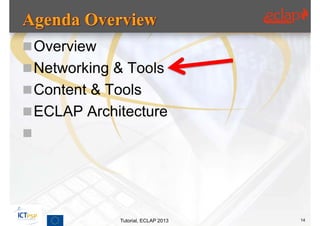  Overview
 Networking & Tools
 Content & Tools
 ECLAP Architecture





             Tutorial, ECLAP 2013   14
 