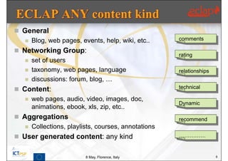 General
   Blog, web pages, events, help, wiki, etc..      comments

 Networking Group:
                                                    rating
    set of users
    taxonomy, web pages, language                  relationships
    discussions: forum, blog, …

 Content:                                          technical

    web pages, audio, video, images, doc,
                                                    Dynamic
     animations, ebook, xls, zip, etc..
 Aggregations                                      recommend
    Collections, playlists, courses, annotations

 User generated content: any kind                  ……………


                        8 May, Florence, Italy                      8
 
