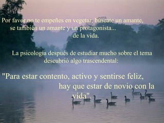 La psicología después de estudiar mucho sobre el tema descubrió algo trascendental:  " Para estar contento, activo y sentirse feliz,  hay que estar de novio con la vida".   Por favor no te empeñes en vegetar, búscate un amante,  se también un amante y un protagonista...  de la vida.   