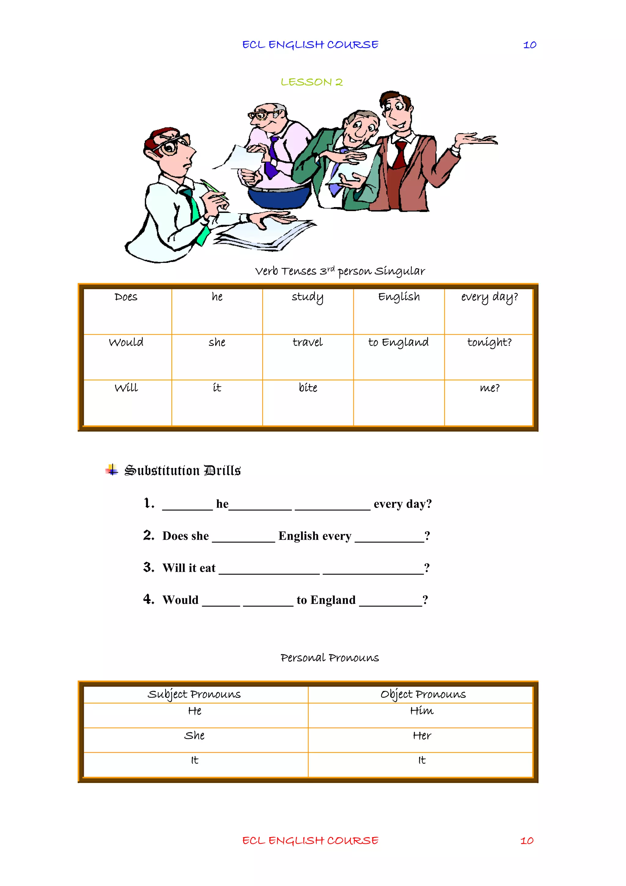 ECL ENGLISH COURSE
ECL ENGLISH COURSE 10
10
LESSON 2
Verb Tenses 3rd person Singular
Substitution Drills
1. ________ he__________ ____________ every day?
2. Does she __________ English every ___________?
3. Will it eat ________________ ________________?
4. Would ______ ________ to England __________?
Personal Pronouns
Subject Pronouns Object Pronouns
He Him
She Her
It It
Does he study English every day?
Would she travel to England tonight?
Will it bite me?
 