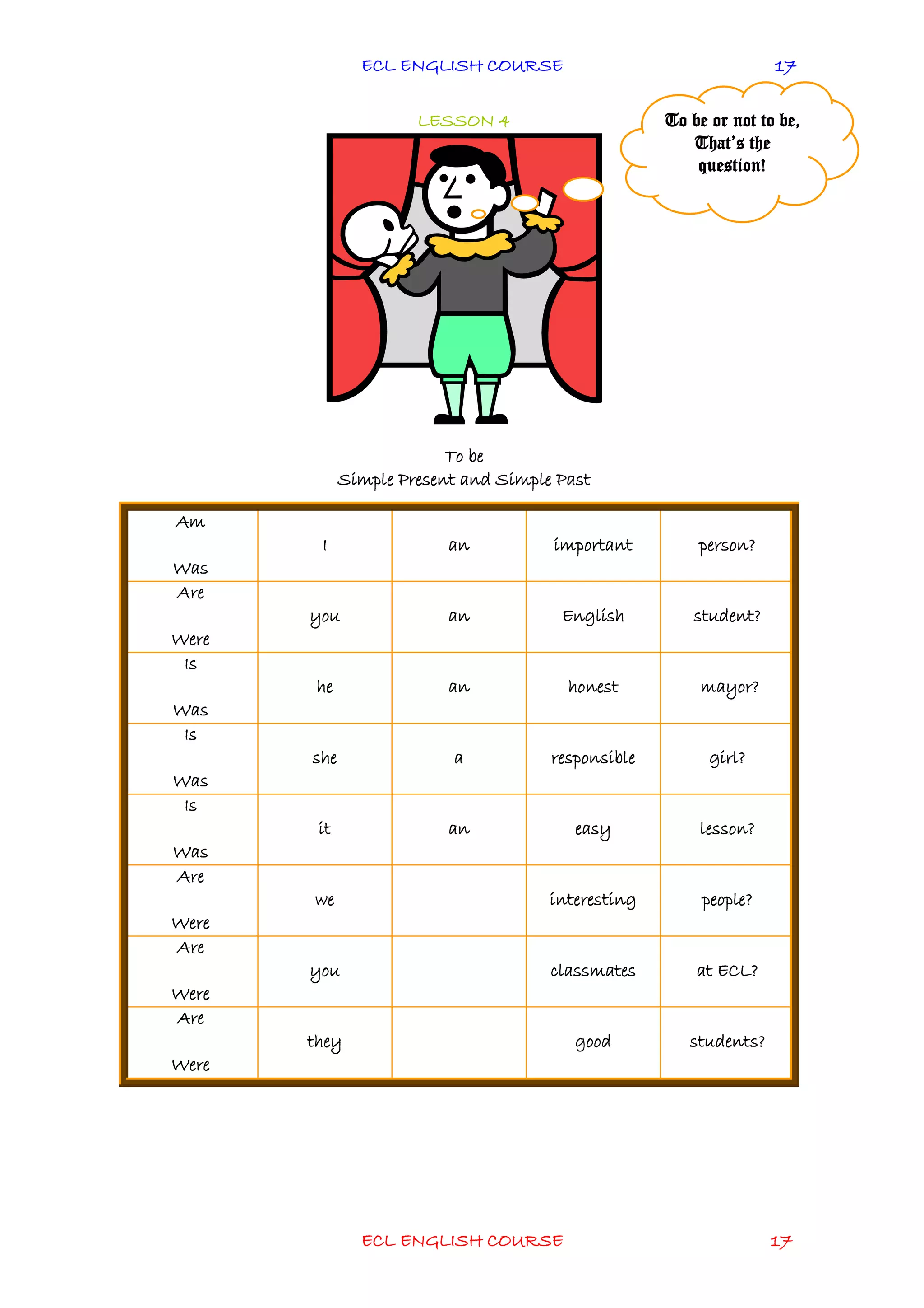 ECL ENGLISH COURSE
ECL ENGLISH COURSE 17
17
LESSON 4
To be
Simple Present and Simple Past
Am
Was
I an important person?
Are
Were
you an English student?
Is
Was
he an honest mayor?
Is
Was
she a responsible girl?
Is
Was
it an easy lesson?
Are
Were
we interesting people?
Are
Were
you classmates at ECL?
Are
Were
they good students?
To be or not to be,
That’s the
question!
 