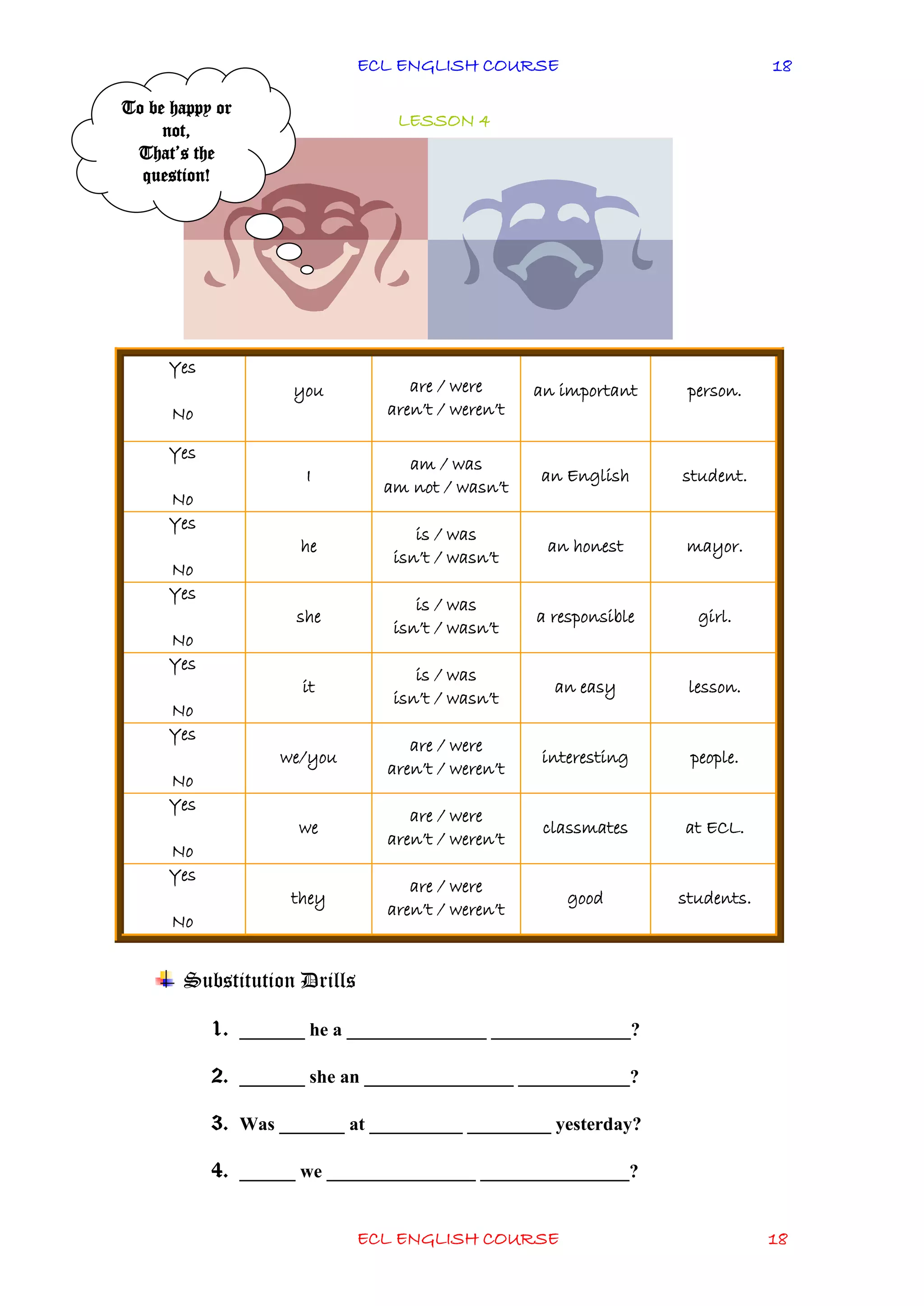 ECL ENGLISH COURSE
ECL ENGLISH COURSE 18
18
LESSON 4
Substitution Drills
1. _______ he a _______________ _______________?
2. _______ she an ________________ ____________?
3. Was _______ at __________ _________ yesterday?
4. ______ we ________________ ________________?
Yes
No
you are / were
aren’t / weren’t
an important person.
Yes
No
I
am / was
am not / wasn’t
an English student.
Yes
No
he
is / was
isn’t / wasn’t
an honest mayor.
Yes
No
she
is / was
isn’t / wasn’t
a responsible girl.
Yes
No
it
is / was
isn’t / wasn’t
an easy lesson.
Yes
No
we/you
are / were
aren’t / weren’t
interesting people.
Yes
No
we
are / were
aren’t / weren’t
classmates at ECL.
Yes
No
they
are / were
aren’t / weren’t
good students.
To be happy or
not,
That’s the
question!
 