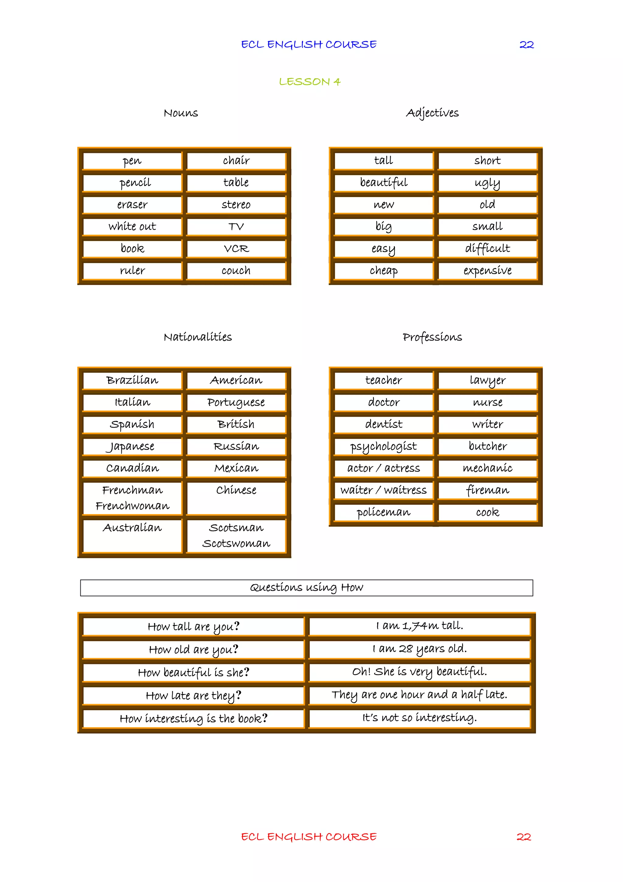 ECL ENGLISH COURSE
ECL ENGLISH COURSE 22
22
LESSON 4
Nouns Adjectives
Nationalities Professions
Questions using How
How tall are you? I am 1,74m tall.
How old are you? I am 28 years old.
How beautiful is she? Oh! She is very beautiful.
How late are they? They are one hour and a half late.
How interesting is the book? It’s not so interesting.
tall short
beautiful ugly
new old
big small
easy difficult
cheap expensive
pen chair
pencil table
eraser stereo
white out TV
book VCR
ruler couch
Brazilian American
Italian Portuguese
Spanish British
Japanese Russian
Canadian Mexican
Frenchman
Frenchwoman
Chinese
Australian Scotsman
Scotswoman
teacher lawyer
doctor nurse
dentist writer
psychologist butcher
actor / actress mechanic
waiter / waitress fireman
policeman cook
 