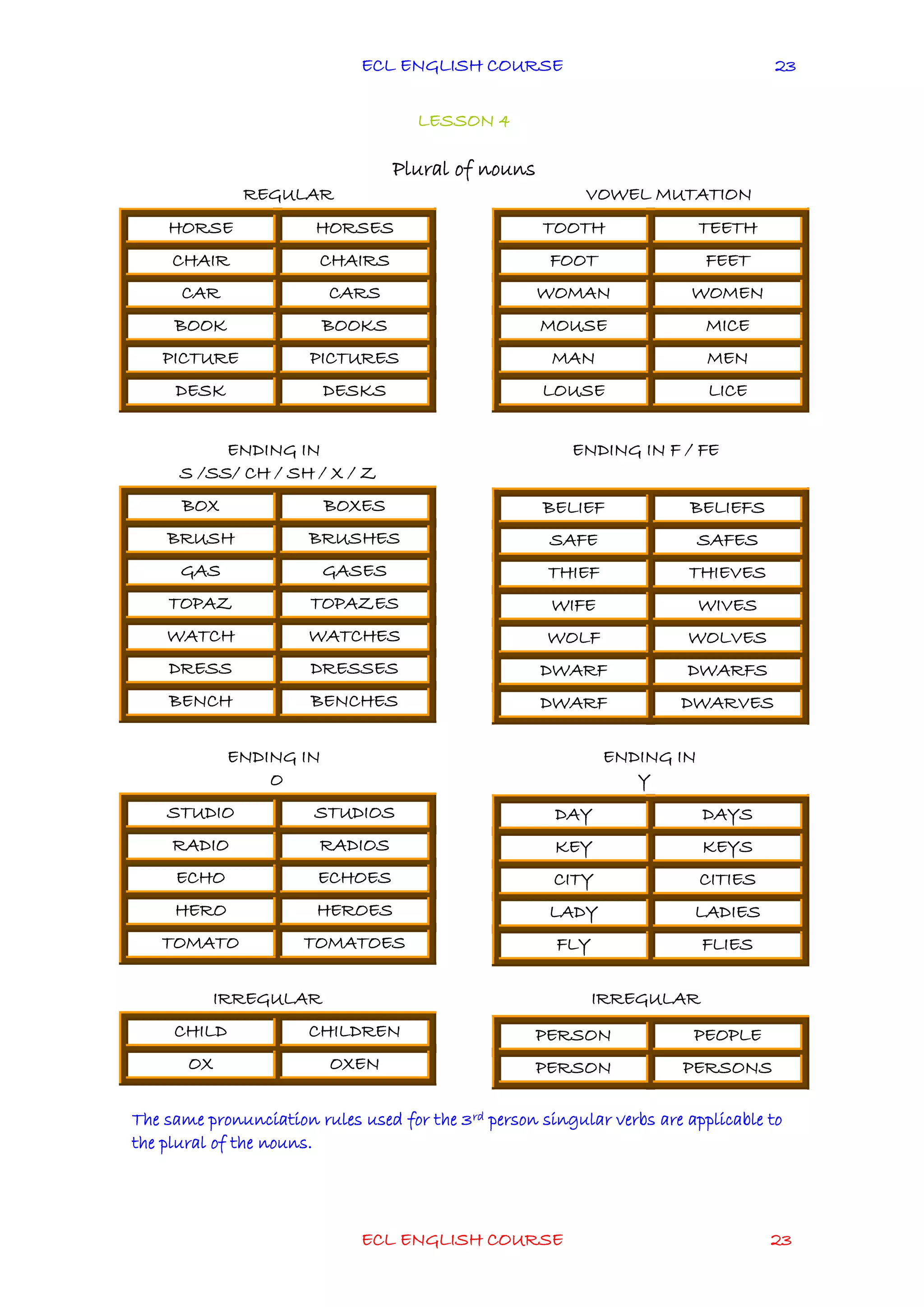 ECL ENGLISH COURSE
ECL ENGLISH COURSE 23
23
LESSON 4
Plural of nouns
REGULAR VOWEL MUTATION
ENDING IN ENDING IN F / FE
S /SS/ CH / SH / X / Z
BOX BOXES
BRUSH BRUSHES
GAS GASES
TOPAZ TOPAZES
WATCH WATCHES
DRESS DRESSES
BENCH BENCHES
ENDING IN ENDING IN
O Y
STUDIO STUDIOS
RADIO RADIOS
ECHO ECHOES
HERO HEROES
TOMATO TOMATOES
IRREGULAR IRREGULAR
CHILD CHILDREN
OX OXEN
The same pronunciation rules used for the 3rd person singular verbs are applicable to
the plural of the nouns.
HORSE HORSES
CHAIR CHAIRS
CAR CARS
BOOK BOOKS
PICTURE PICTURES
DESK DESKS
TOOTH TEETH
FOOT FEET
WOMAN WOMEN
MOUSE MICE
MAN MEN
LOUSE LICE
BELIEF BELIEFS
SAFE SAFES
THIEF THIEVES
WIFE WIVES
WOLF WOLVES
DWARF DWARFS
DWARF DWARVES
DAY DAYS
KEY KEYS
CITY CITIES
LADY LADIES
FLY FLIES
PERSON PEOPLE
PERSON PERSONS
 