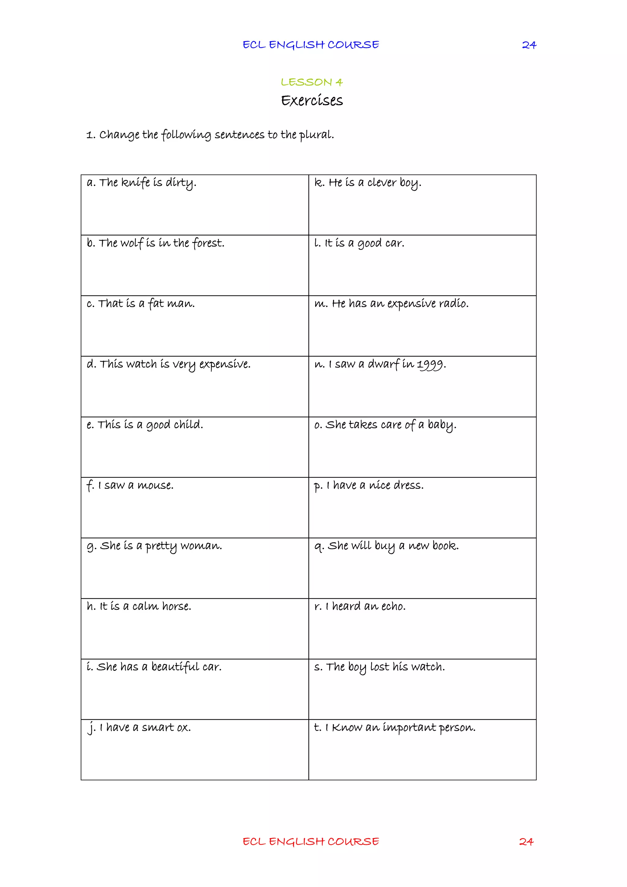 ECL ENGLISH COURSE
ECL ENGLISH COURSE 24
24
LESSON 4
Exercises
1. Change the following sentences to the plural.
a. The knife is dirty. k. He is a clever boy.
b. The wolf is in the forest. l. It is a good car.
c. That is a fat man. m. He has an expensive radio.
d. This watch is very expensive. n. I saw a dwarf in 1999.
e. This is a good child. o. She takes care of a baby.
f. I saw a mouse. p. I have a nice dress.
g. She is a pretty woman. q. She will buy a new book.
h. It is a calm horse. r. I heard an echo.
i. She has a beautiful car. s. The boy lost his watch.
j. I have a smart ox. t. I Know an important person.
 