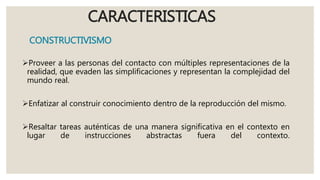CARACTERISTICAS
CONSTRUCTIVISMO
Proveer a las personas del contacto con múltiples representaciones de la
realidad, que evaden las simplificaciones y representan la complejidad del
mundo real.
Enfatizar al construir conocimiento dentro de la reproducción del mismo.
Resaltar tareas auténticas de una manera significativa en el contexto en
lugar de instrucciones abstractas fuera del contexto.
 