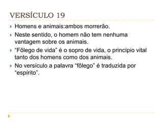 VERSÍCULO 19





Homens e animais:ambos morrerão.
Neste sentido, o homem não tem nenhuma
vantagem sobre os animais.
“Fôlego de vida” é o sopro de vida, o princípio vital
tanto dos homens como dos animais.
No versículo a palavra “fôlego” é traduzida por
“espírito”.

 