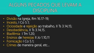 • Divisão na Igreja, Rm 16.17-19;
• Incesto, I Co 5.1;
• Ociosidade e rejeição ao trabalho, II Ts 3.14,15;
• Desobediência, II Ts 3.14,15.
• Blasfêmia I Tm 1.20;
• Ensinos de heresias II Jo 1.10,11
• Fornicação I Co 5.1;
• Crimes de maneira geral, etc...
 