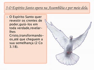    O Espírito Santo quer
    revestir os crentes de
    poder,guiá-los em
    toda verdade,revelar-
    lhes
    Cristo,transformando-
    os,até que cheguem a
    sua semelhança (2 Co
    3.18).
 