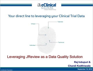 Leveraging JReview as a Data Quality Solution
                                                     Raj Indupuri &
                                                 Chandi Kodthiwada
Confidential Presentation
                                                        September 18, 2012
 