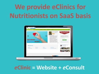 We provide eClinics for
Nutritionists on SaaS basis
eClinic = Website + eConsult
 
