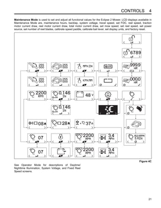 CONTROLS 4
21
Maintenance Mode is used to set and adjust all functional values for the Eclipse 2 Mower. LCD displays available in
Maintenance Mode are, maintenance hours, backlap, system voltage, travel speed, set FOC, reel speed, traction
motor current draw, reel motor current draw, total motor current draw, set mow speed, set reel speed, set power
source, set number of reel blades, calibrate speed paddle, calibrate bail lever, set display units, and factory reset.
Figure 4C
See Operator Mode for descriptions of Daytime/
Nighttime Illumination, System Voltage, and Fixed Reel
Speed screens.
 