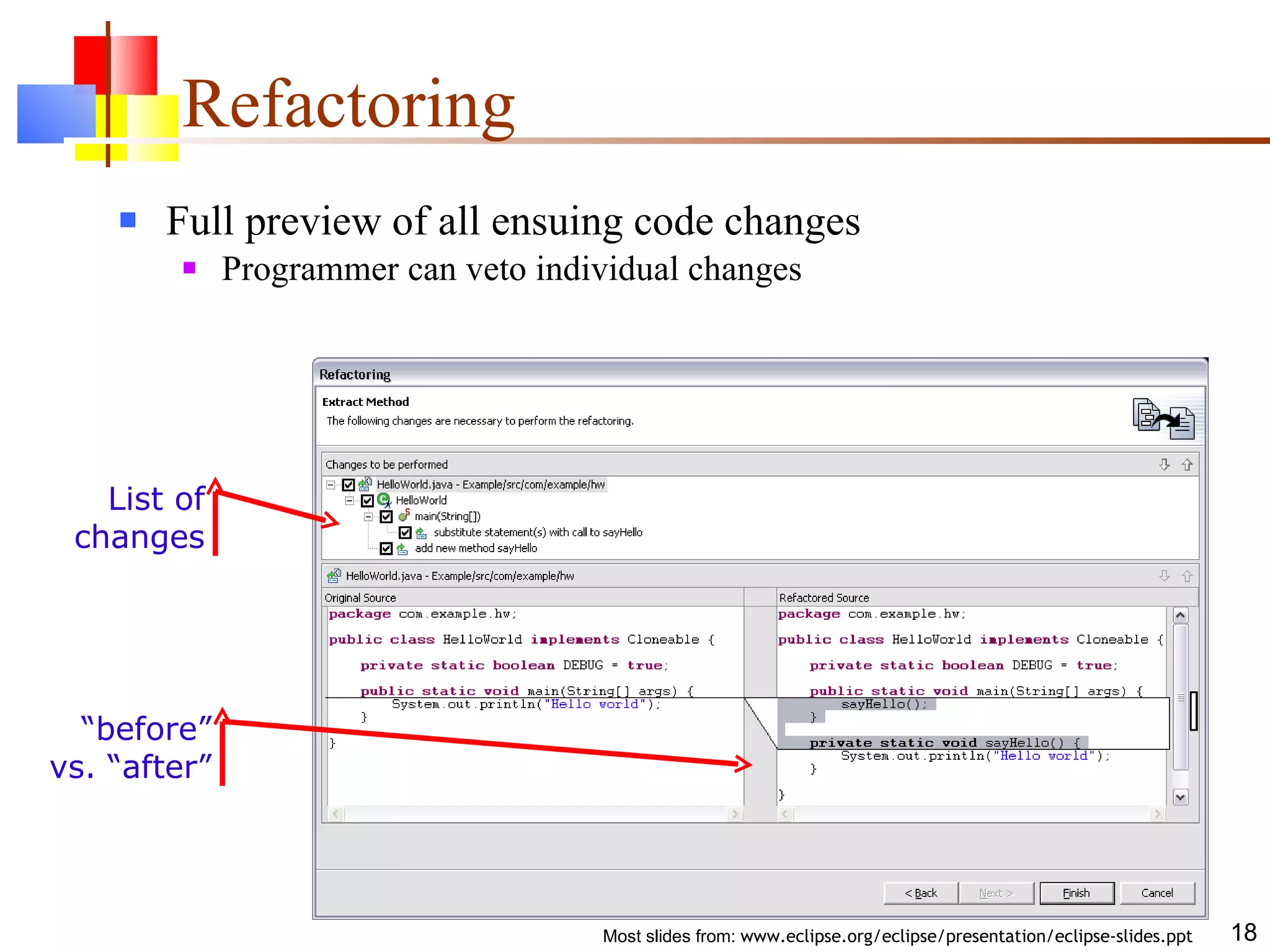 Refactoring Full preview of all ensuing code changes Programmer can veto individual changes List of changes “ before” vs. “after” 