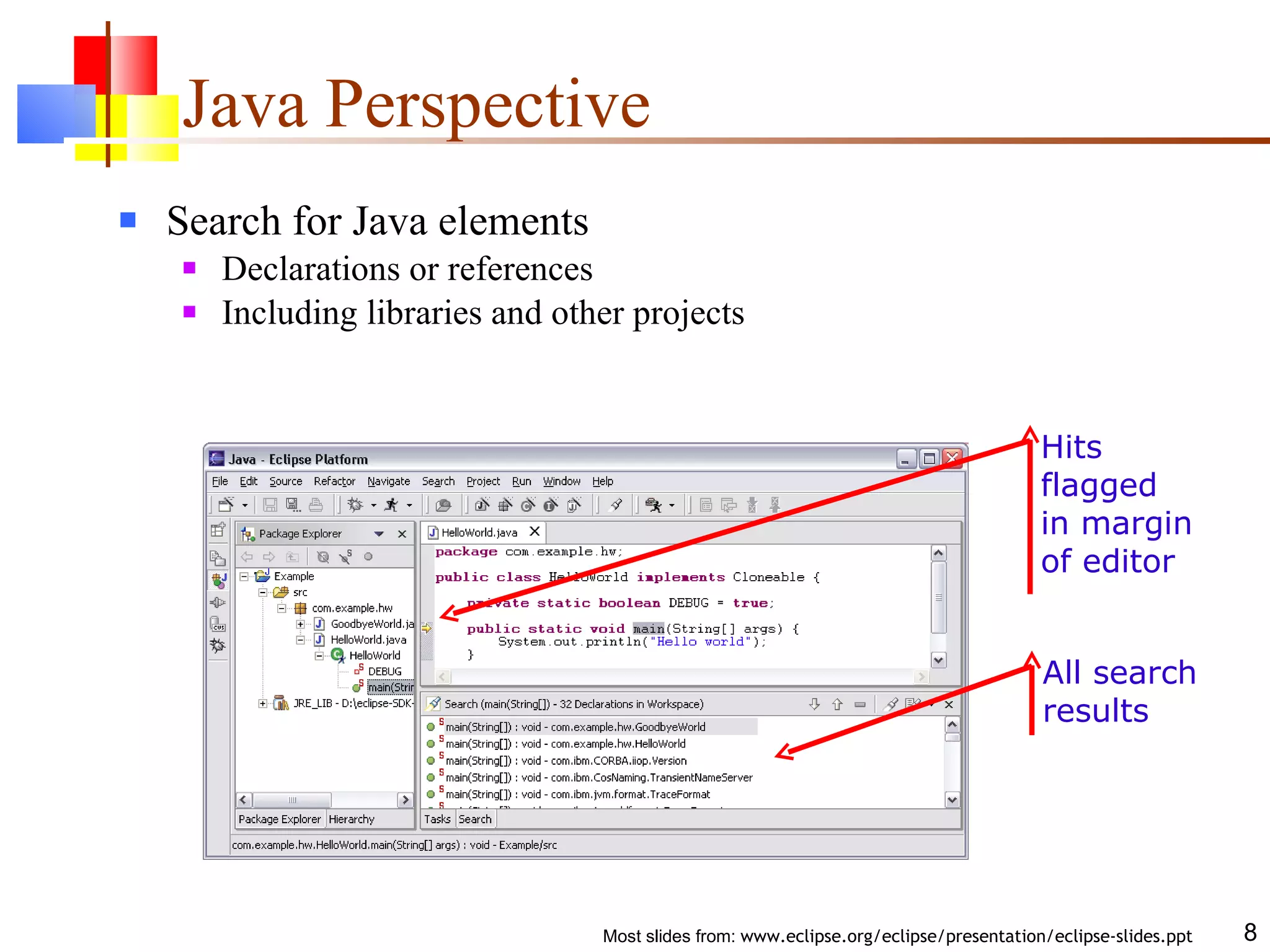 Java Perspective Search for Java elements Declarations or references Including libraries and other projects Hits flagged in margin of editor All search results 