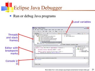 Eclipse Java Debugger Run or debug Java programs Threads and stack frames Editor with breakpoint marks Console I/O Local variables 