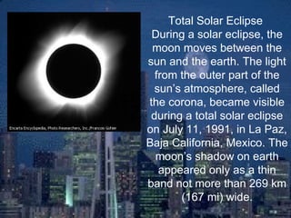 Total Solar Eclipse  During a solar eclipse, the moon moves between the sun and the earth. The light from the outer part of the sun’s atmosphere, called the corona, became visible during a total solar eclipse on July 11, 1991, in La Paz, Baja California, Mexico. The moon’s shadow on earth appeared only as a thin band not more than 269 km (167 mi) wide. 