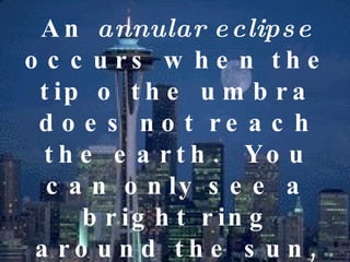 An  annular eclipse  occurs when the tip o the umbra does not reach the earth.  You can only see a bright ring around the sun, which is called an  annulus .  This only happens in an eclipse of the sun, never in an eclipse of the moon. 