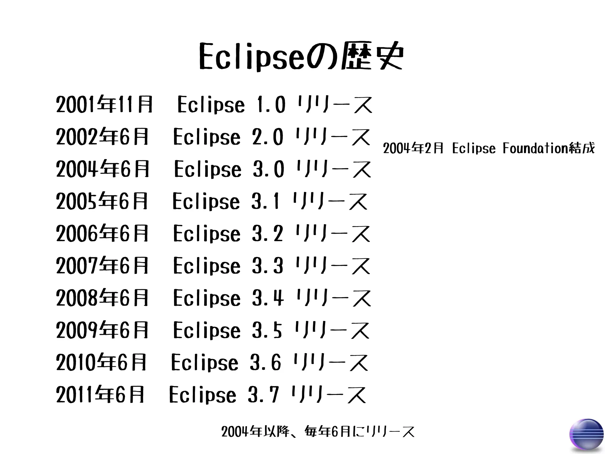 Eclipseの歴史
2001年11月　Eclipse 1.0 リリース
2002年6月　Eclipse 2.0 リリース    2004年2月 Eclipse Foundation結成
2004年6月　Eclipse 3.0 リリース
2005年6月　Eclipse 3.1 リリース
2006年6月　Eclipse 3.2 リリース
2007年6月　Eclipse 3.3 リリース
2008年6月　Eclipse 3.4 リリース
2009年6月　Eclipse 3.5 リリース
2010年6月　Eclipse 3.6 リリース
2011年6月　Eclipse 3.7 リリース
            2004年以降、毎年6月にリリース
 