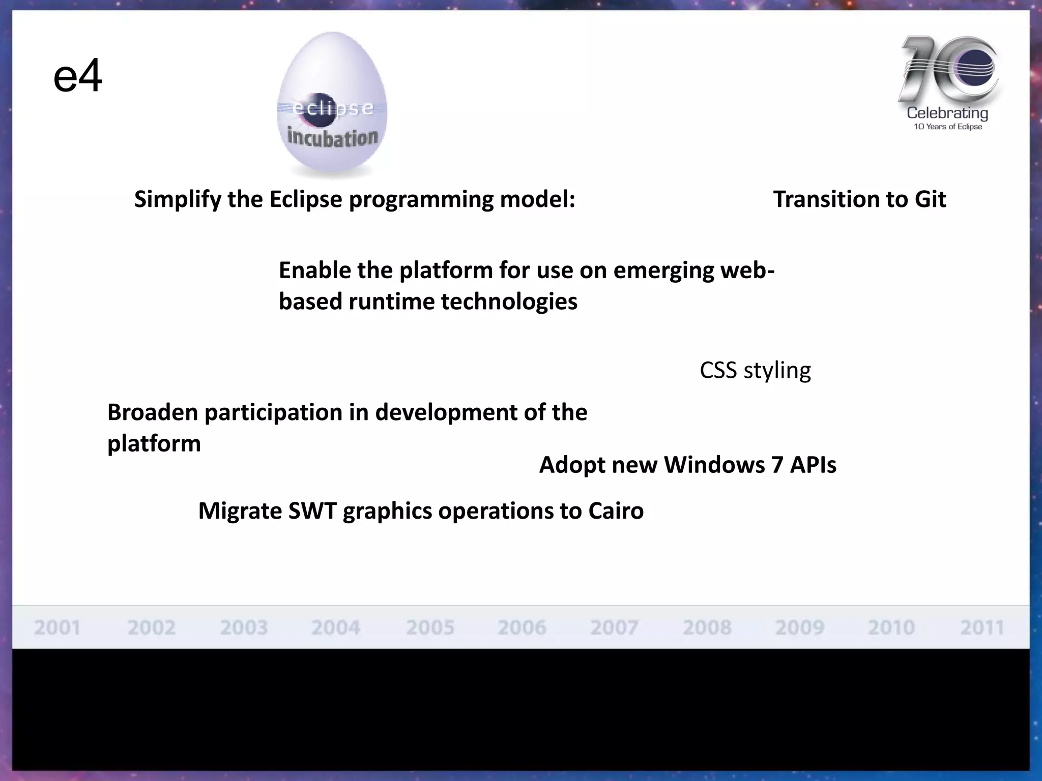 e4
Simplify the Eclipse programming model: Transition to Git
Enable the platform for use on emerging web-
based runtime technologies
CSS styling
Broaden participation in development of the
platform
Adopt new Windows 7 APIs
Migrate SWT graphics operations to Cairo