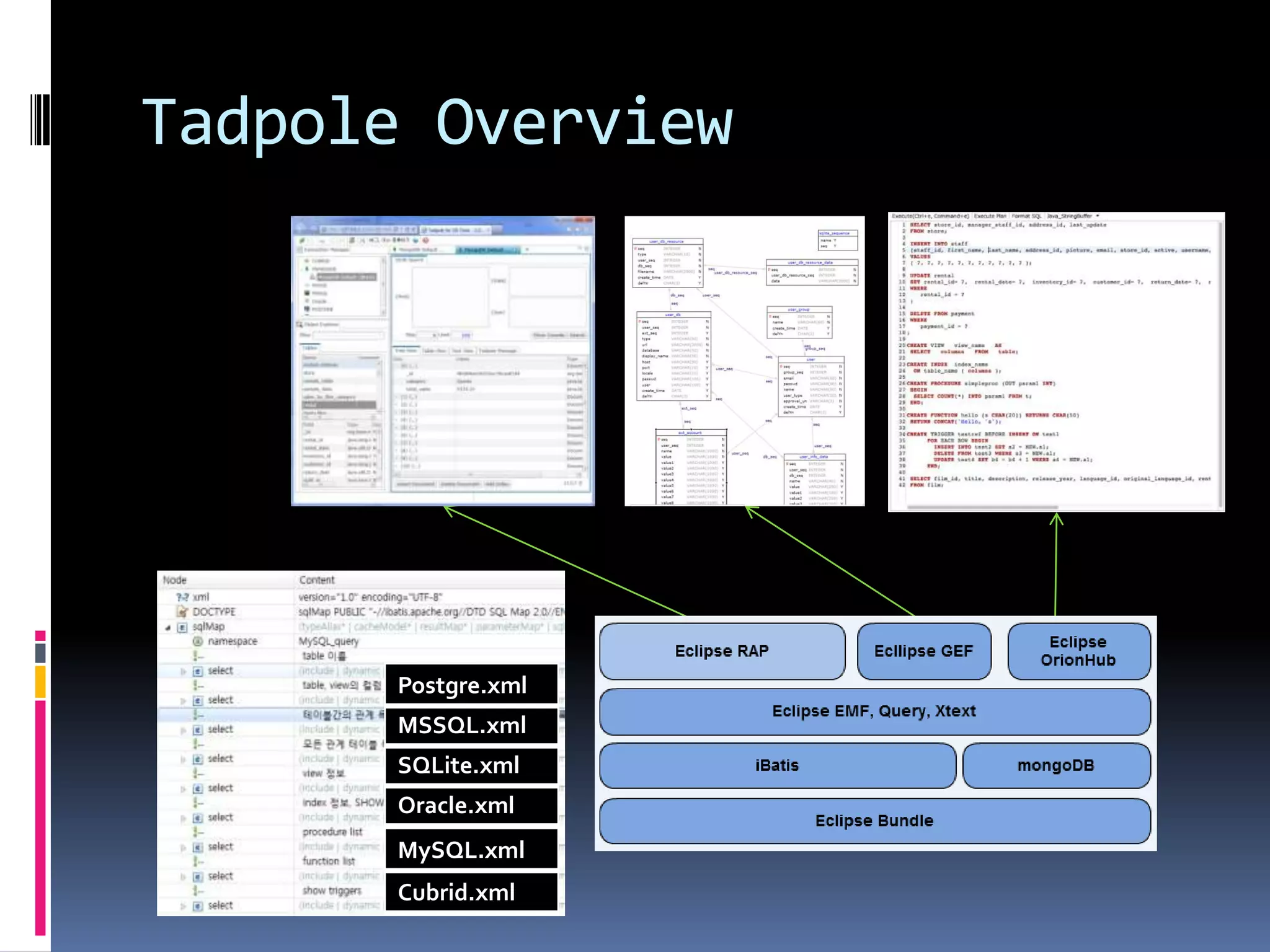 Tadpole Plug-in list
Plug-in                           Description
com.hangum.db.browser.rap         •프로젝 트 시작
                                  •Standalond 배포
com.hangum.db.browser.rap.core    •Connection Manager
                                  •Object Explorer
                                  •RDB 주요코드
com.hangum.db.browser.start       프로젝트 워크 벤치
com.hangum.db.commons.libs        공통 라이브러리
com.hangum.db.commons.sql         SQL 관리 및 Engine DB 관리
com.hangum.db.rap.commons         공통 코드
com.hangum.sql.parser2            SQL Parser(Formatting)
com.hangum.tadpole.build.war      WAR 파일 배포
com.hangum.tadpole.erd.core       ERD
com.hangum.tadpole.manager.core   유저관리
com.hangum.tadpole.model          EMF 모델 정의(ERD의존적)
com.hangum.tadpole.mongodb.core   MongoDB 주요코드
targetProject                     Target platform

com.hangum.tadpole.feature        프로젝트 관리 및 buckminster 배포
com.hangum.tadpole.feature.site
 