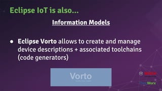 Eclipse IoT is also...
Information Models
● Eclipse Vorto allows to create and manage
device descriptions + associated toolchains
(code generators)
 