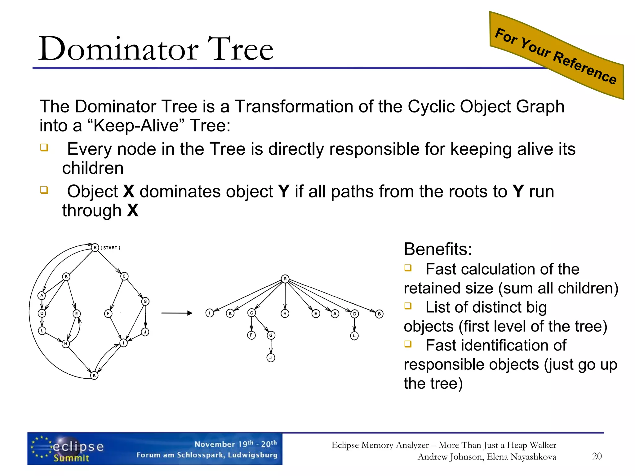 Dominator Tree The Dominator Tree is a Transformation of the Cyclic Object Graph into a “Keep-Alive” Tree: Every node in the Tree is directly responsible for keeping alive its children Object X dominates object Y if all paths from the roots to Y run through X For Your Reference Benefits: Fast calculation of the retained size (sum all children) List of distinct big objects (first level of the tree) Fast identification of responsible objects (just go up the tree) 