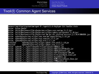 eclipse-logo
What Is Eclipse
Growth Path
How We Are Organized
How We Got Here
Eclipse Architecture
Eclipse Based Products
Tivoli R Common Agent Services
The Eclipse Way Copyright c IBM Corp., 2009. All rights reserved. | 2009-06-18
 