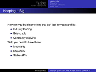 eclipse-logo
What Is Eclipse
Growth Path
How We Are Organized
Keeping It Big
Modularity
Declarative Extensions
Stable APIs
Keeping It Big
How can you build something that can last 10 years and be:
Industry leading
Extendable
Constantly evolving
Well, you need to have those:
Modularity
Scalability
Stable APIs
The Eclipse Way Copyright c IBM Corp., 2009. All rights reserved. | 2009-06-18
 