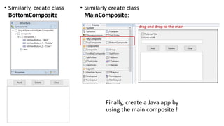 • Similarly, create class
BottomComposite
• Similarly create class
MainComposite:
drag and drop to the main
Finally, create a Java app by
using the main composite !
 