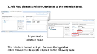 3. Add New Element and New Attributes to the extension point.
Implement =
Interface name
This interface doesn’t exit yet. Press on the hyperlink
called Implements to create it based on the following code.
 