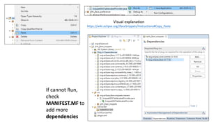 Visual explanation
https://wiki.eclipse.org/JfaceSnippets/Instructions#Copy_Paste
If cannot Run,
check
MANIFEST.MF to
add more
dependencies
 