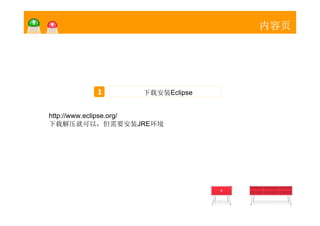 内容页




         1        下载安装Eclipse


http://www.eclipse.org/
下载解压就可以，但需要安装JRE环境
 