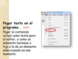 Pegar texto en el
programa . >>>
Pegar el contenido
actual como texto para
el editor, o como un
elemento hermano o
hijo a la de un elemento
seleccionado en ese
momento.
 