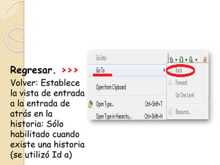 Regresar. >>>
Volver: Establece
la vista de entrada
a la entrada de
atrás en la
historia: Sólo
habilitado cuando
existe una historia
(se utilizó Id a)
 