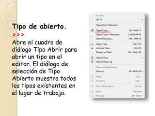 Tipo de abierto.
>>>
Abre el cuadro de
diálogo Tipo Abrir para
abrir un tipo en el
editor. El diálogo de
selección de Tipo
Abierto muestra todos
los tipos existentes en
el lugar de trabajo.
 