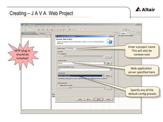 Creating – J A V A  Web Project Enter a project name This will also be context root Web application  server specified here Specify any of the  default config presets WTP plug-in should be installed! 