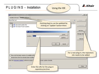 P L U G I N S  -  Installation Using the IDE Existing plug-ins can be updated by clicking on ‘Update’ button there For a new plug-in, the repository site needs to be added Enter the URL for the plug-in repository/archive 