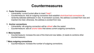 Countermeasures
4. Feeler Connections
- Vulnerability: current bucket allow to insert “trash”.
- Countermeasure: Add an outgoing connection that establish short-lived test connections to
randomly-selected addresses in new. If connection success, the address is evicted from new and
inserted into tried; otherwise, the address is evicted from new.
5. Anchor connections
- Vulnerability: all outgoing connection will be refresh after the restart.
- Countermeasure: add an anchor table that stores current outgoing connections.
6 More buckets
- Countermeasure: increase the size of the tried and new tables. (it needs to combine other
countermeasure).
7 More outgoing connections
- Countermeasure: increase the number of outgoing connections.
 