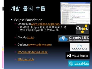 개발 툴의 흐름
 Eclipse Foundation
 OrionHub(www.eclipse.org/orion/)
 IBM에서 Eclipse 차기 프로젝트로 시작
Web 에서 Eclipse를 구현하고 함.
 Cloud9(c9.io)
 Codenv(www.codenv.com)
 MSVisual Studio Online
 IBM JazzHub
 