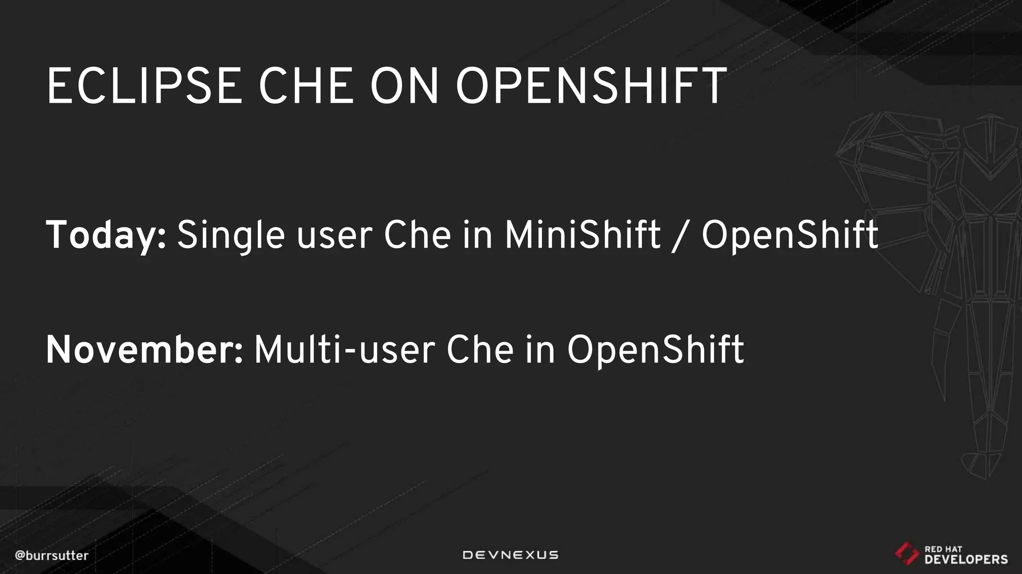 ECLIPSE CHE ON OPENSHIFT
Today: Single user Che in MiniShift / OpenShift
November: Multi-user Che in OpenShift
 