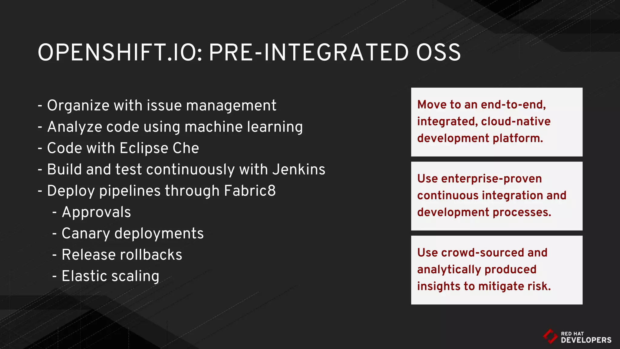 OPENSHIFT.IO: PRE-INTEGRATED OSS
- Organize with issue management
- Analyze code using machine learning
- Code with Eclipse Che
- Build and test continuously with Jenkins
- Deploy pipelines through Fabric8
- Approvals
- Canary deployments
- Release rollbacks
- Elastic scaling
Move to an end-to-end,
integrated, cloud-native
development platform.
Use enterprise-proven
continuous integration and
development processes.
Use crowd-sourced and
analytically produced
insights to mitigate risk.
 