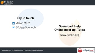 www.tuleap.org @TuleapOpenALM Your project on tuleap.eclipse.org
Stay in touch
Manon MIDY
@TuleapOpenALM Download, Help
Online meet-up, Tutos
www.tuleap.org
 