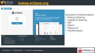 www.tuleap.org @TuleapOpenALM Your project on tuleap.eclipse.org
tuleap.eclipse.org
Examples of hosted projects
• Polarsys Steering
• Capella IC Steering
• ESF
• EGerrit
• Papyrus-IC
• TraceCompass
 