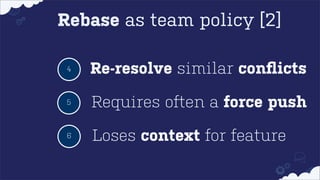Rebase as team policy [2]
4

Re-resolve similar conﬂicts

5

Requires often a force push

6

Loses context for feature

 