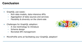 • GraphQL use-cases:
– Rich data models, data-intensive APIs
– Aggregation of data sources and services
– Flexibility & di...