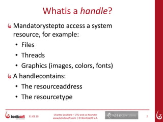 March 24, 10Charles Souillard – CTO and co-founderwww.bonitasoft.com | © BonitaSoft S.A.2Whatis a handle?Mandatorystepto access a system resource, for example:Files