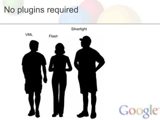 No plugins required

                   Silverlight
     VML   Flash
 